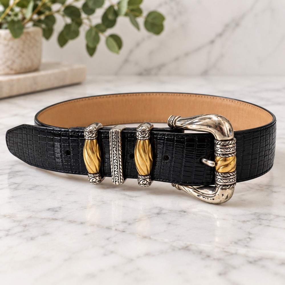 Brighton Black Croco Embossed Leather Belt Silver Gold Western Buckle S